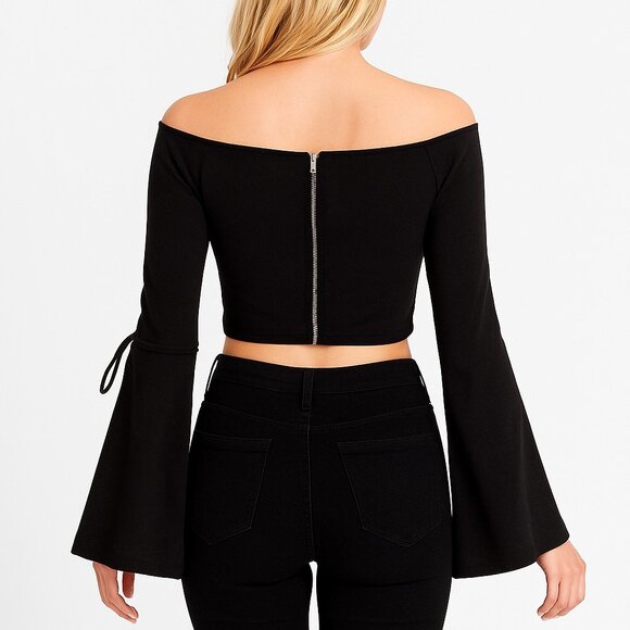 SEEK Women's Black Long Sleeve Split Sleeve Crop Top Size M - Picture 2 of 5